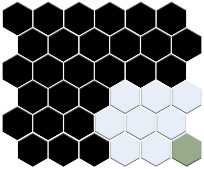 Hexagonal tiles in black, white, and green on a white background
