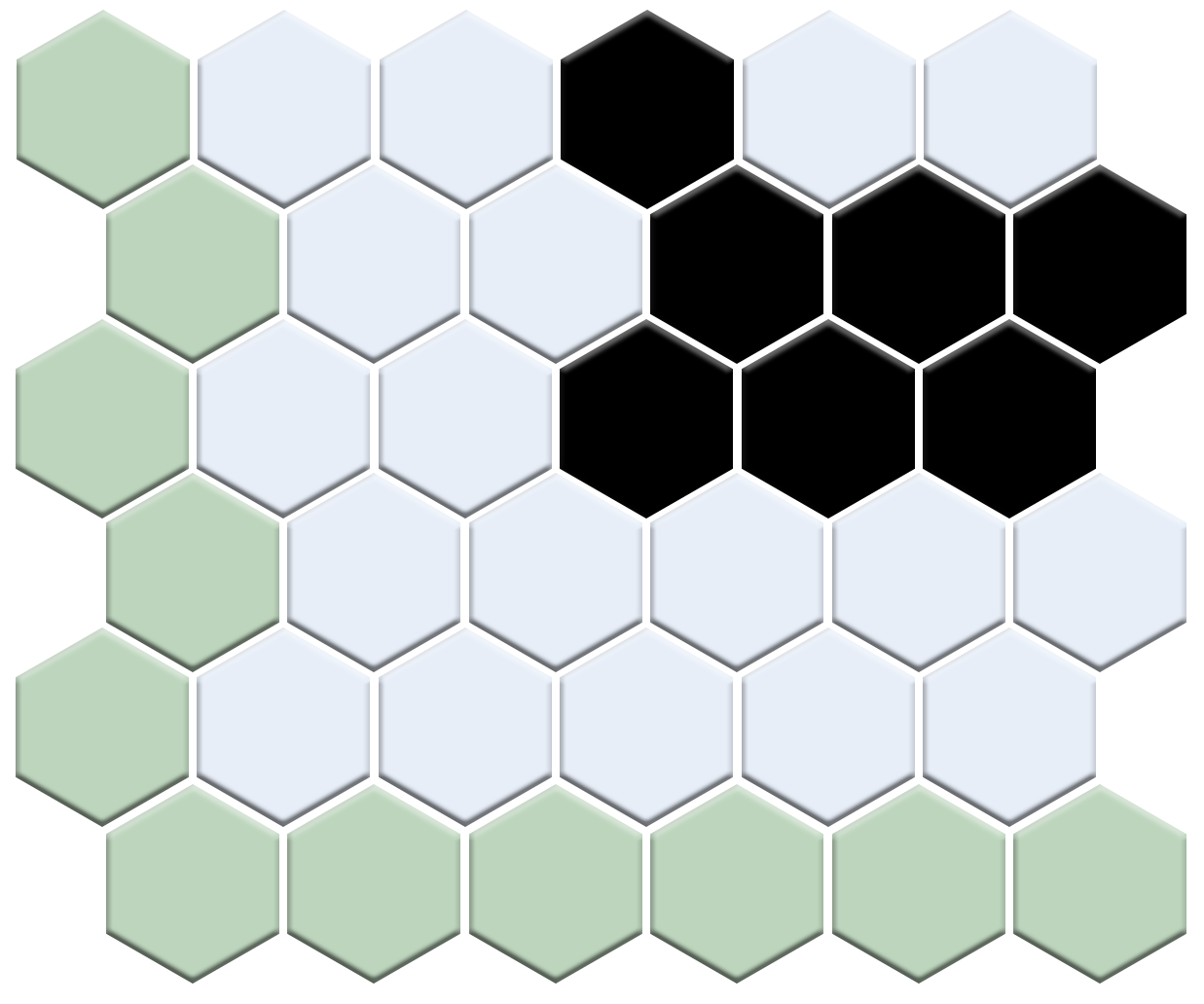 Hexagonal tile pattern with black, white, and green tiles on a white background