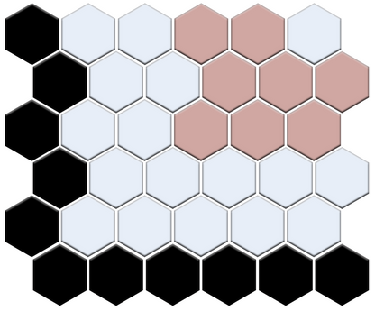 Hexagonal tiles in black, white, and pink on a white background