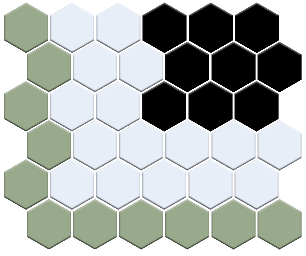 Hexagonal tile pattern with black, white, and green tiles.