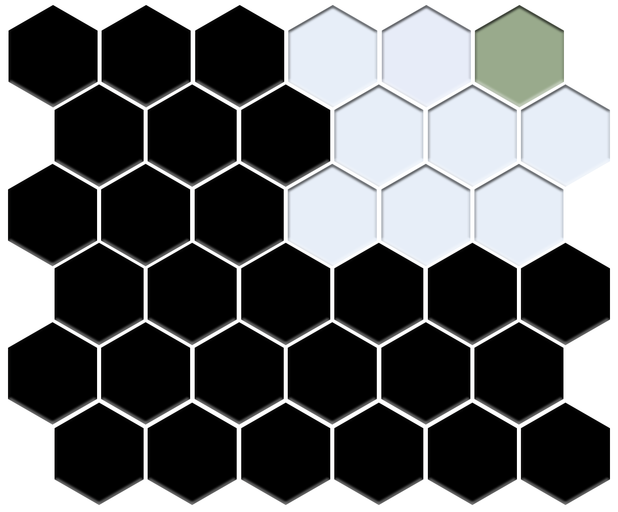 Hexagonal tiles in black, white, and green on a white background