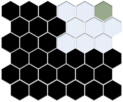 Hexagonal tiles in black, white, and green on a white background