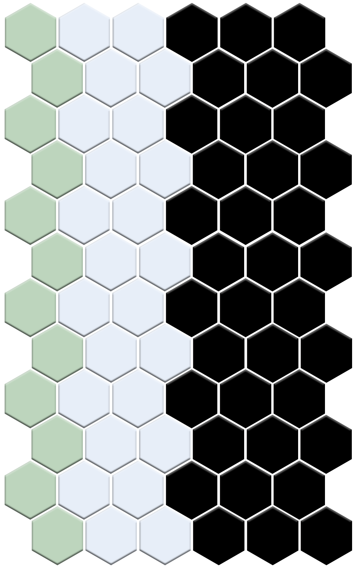 Hexagonal tiles in green, white, and black patterns.