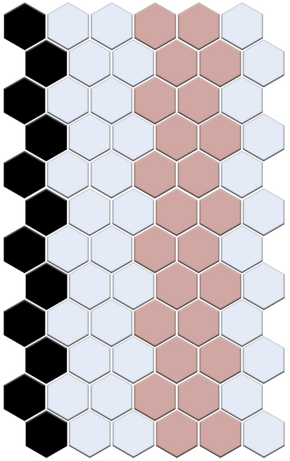 Hexagonal tiles in black, white, and pink on a white background