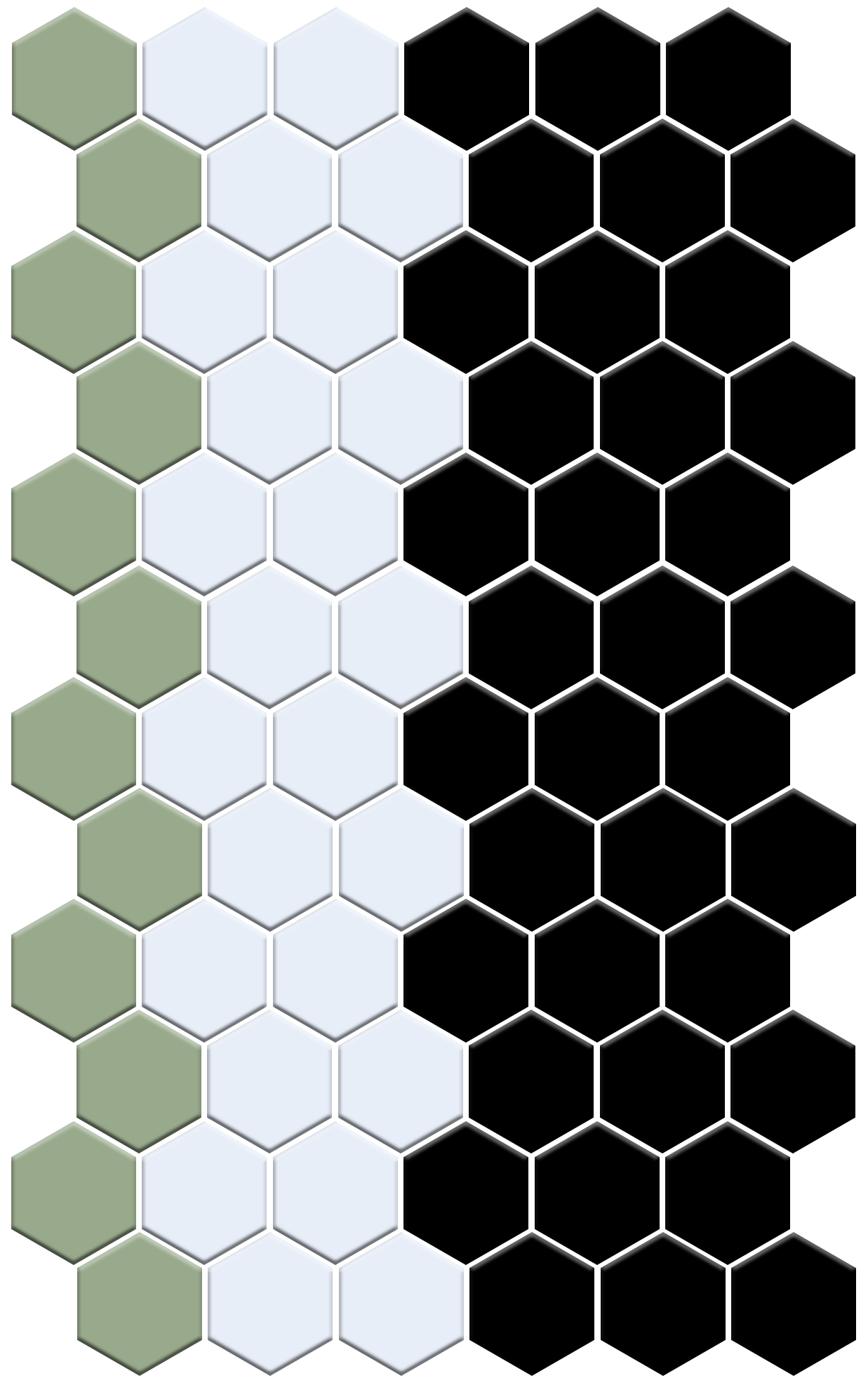 Hexagonal tiles in green, white, and black patterns
