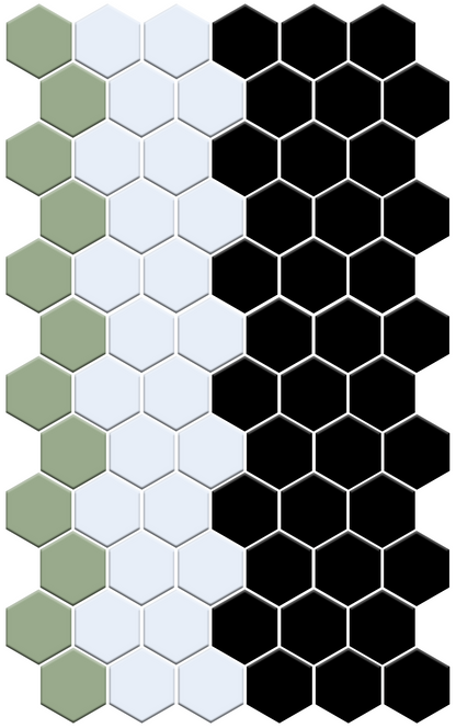 Hexagonal tiles in green, white, and black patterns