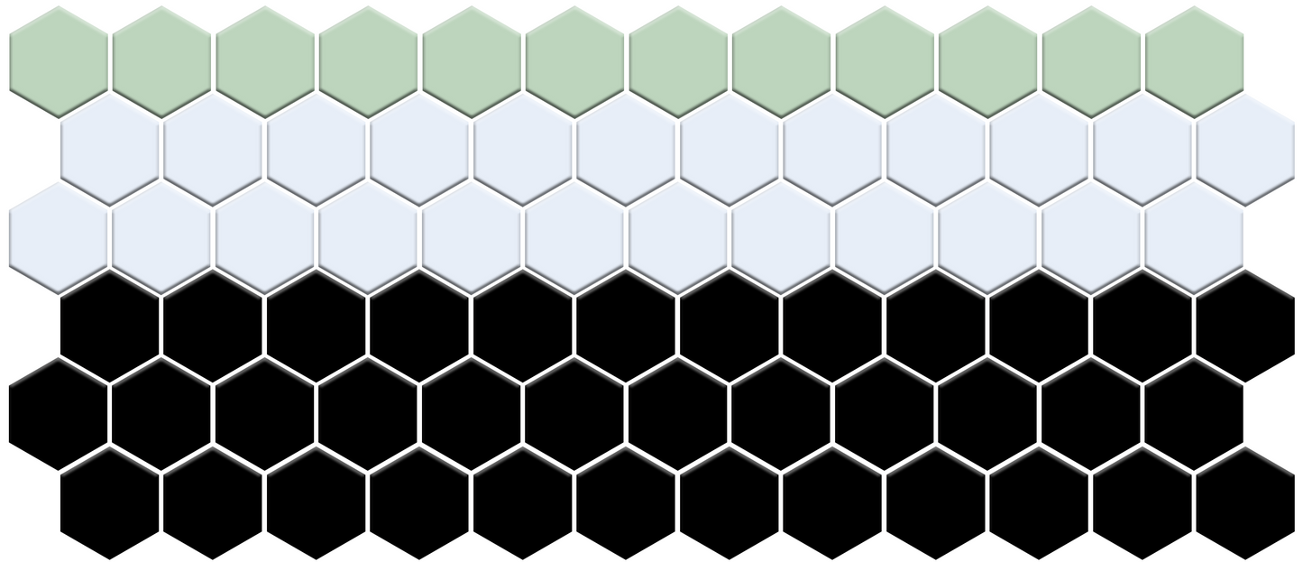 Hexagonal tiles in green, white, and black patterns.