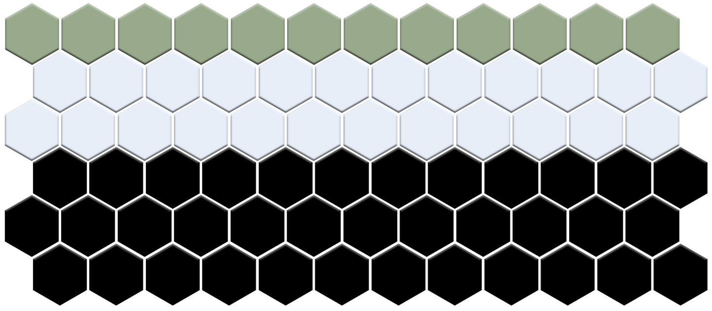 Hexagonal tiles in green, white, and black patterns