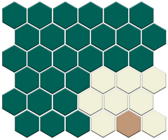 Hexagonal tiles in green, white, and brown on a white background