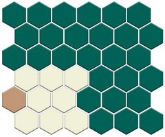 Hexagonal tiles in green, white, and brown on a white background