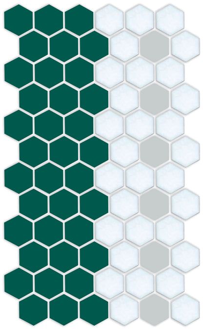 A pattern of hexagon-shaped porcelain tiles in green and white colors arranged in a border design.