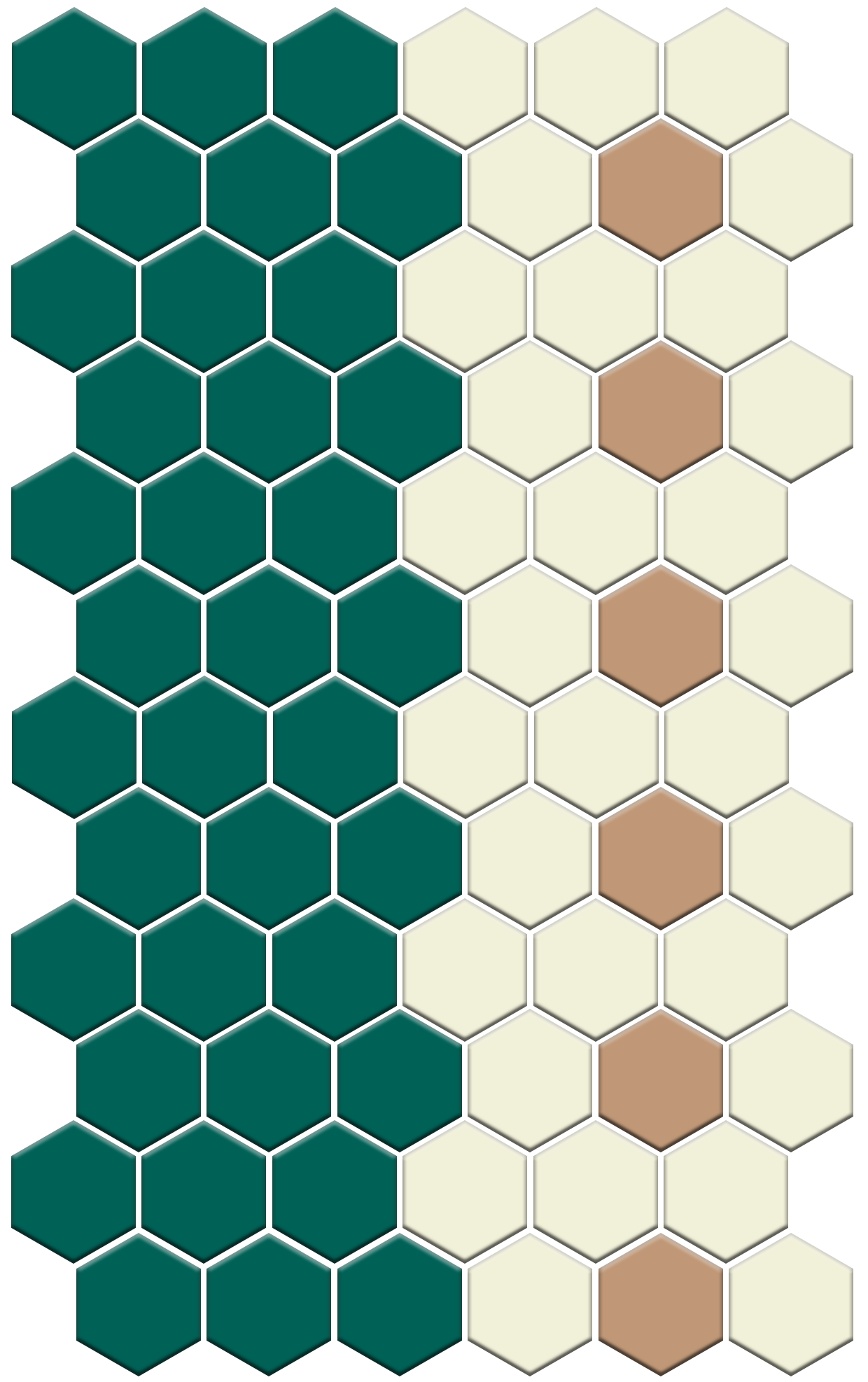 Hexagonal tiles in teal, beige, and brown on a grid pattern