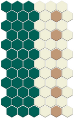 Hexagonal tiles in teal, beige, and brown on a grid pattern