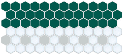 A pattern of hexagon-shaped porcelain tiles in green and white colors arranged in a border design.