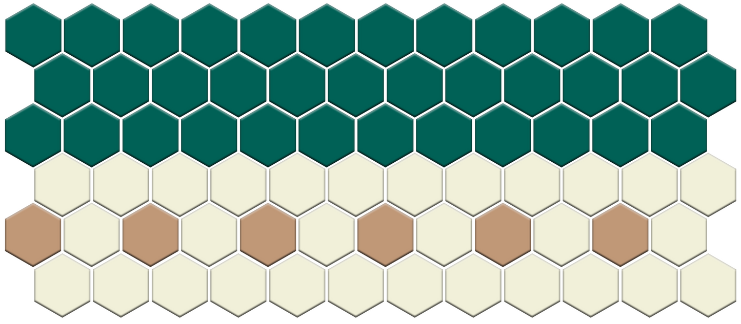 Hexagonal tile pattern in green, white, and brown colors.