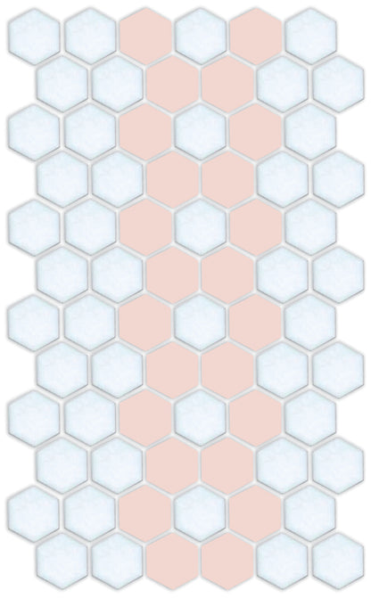 A cherry blossom and satin white hexagon tile offset border pattern