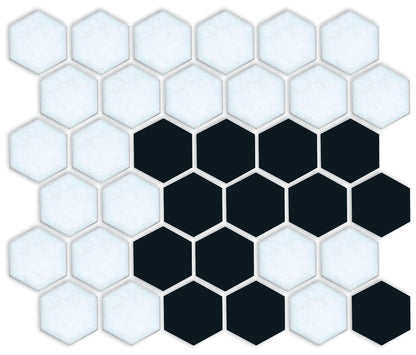 Fila hexagon border porcelain mosaic tile detail - Satin Black on Satin White option