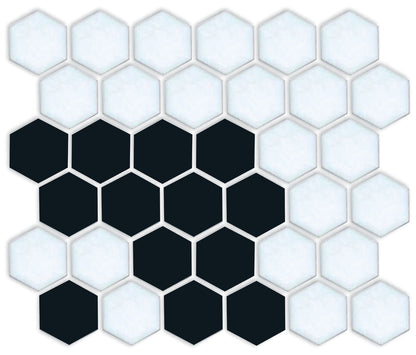 Fila hexagon border porcelain mosaic tile detail - Satin Black on Satin White option