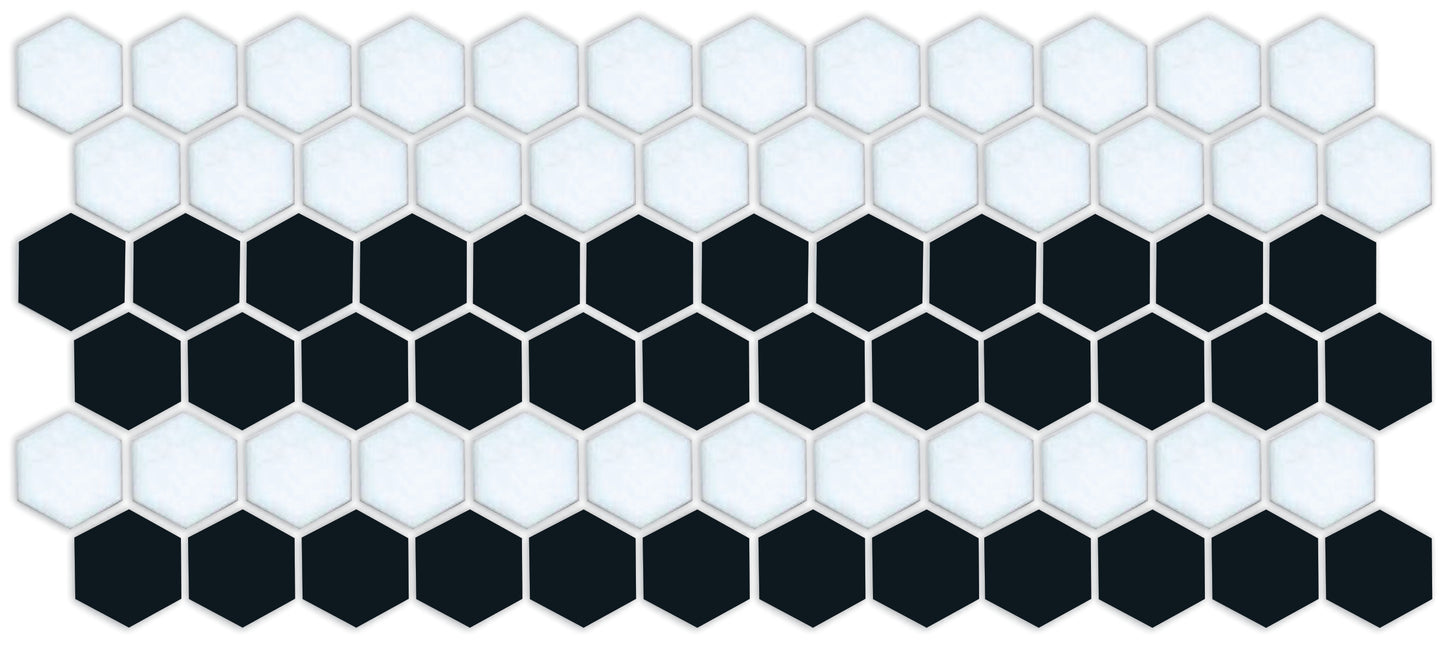 Fila hexagon border porcelain mosaic tile detail - Satin Black on Satin White option