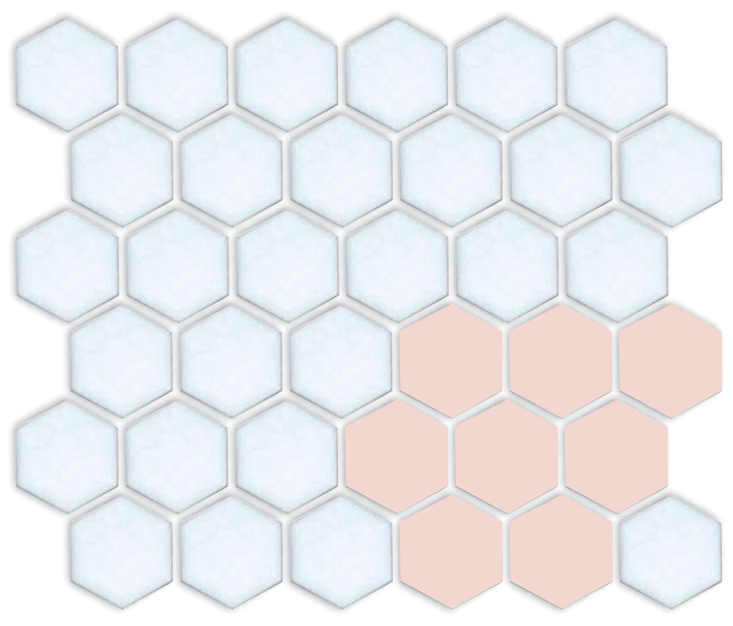 A pattern of porcelain hexagon tiles arranged in a corner pattern