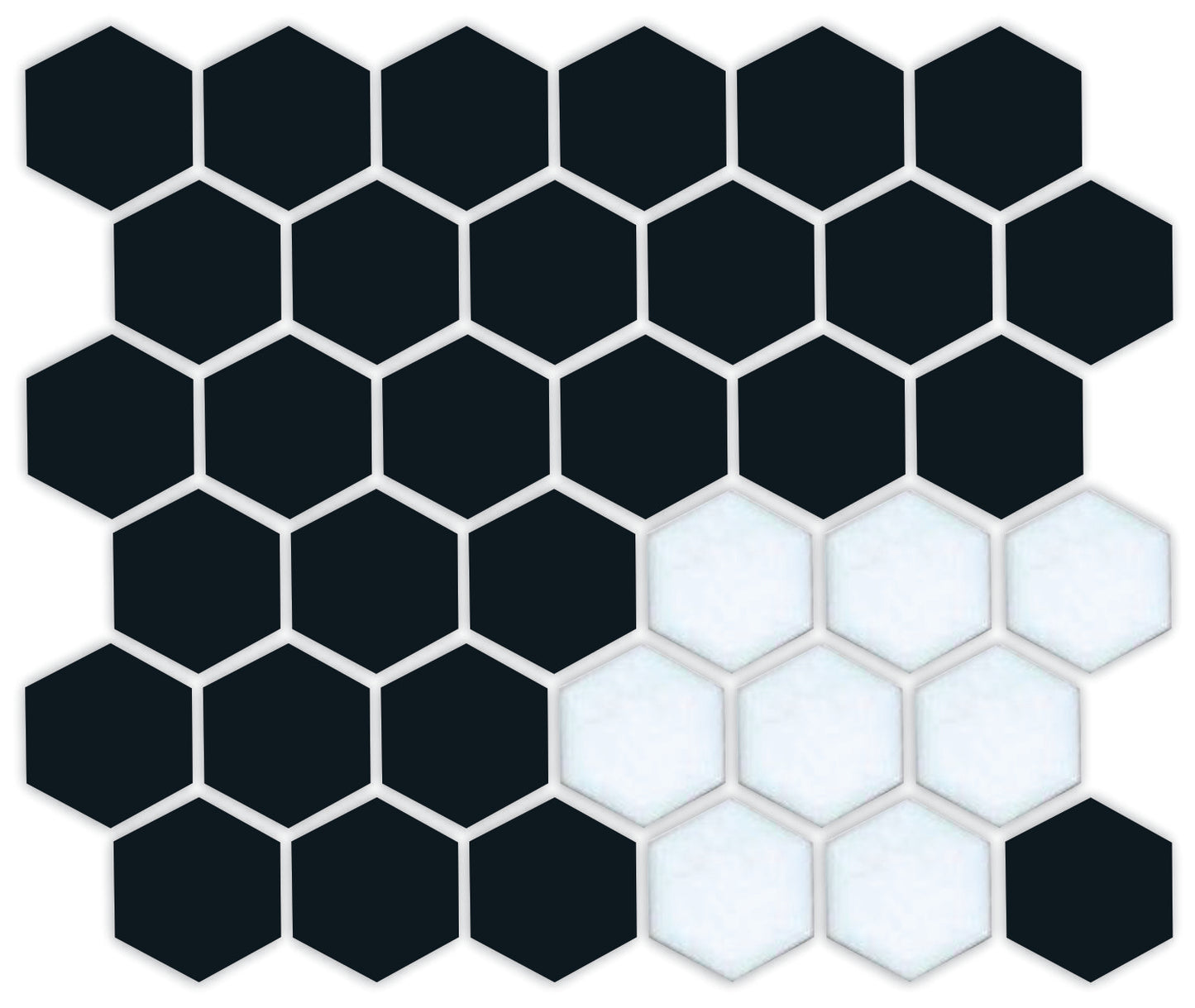 A pattern of porcelain hexagon tiles in Satin Black and Satin white arranged in a corner pattern