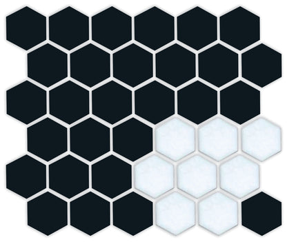 A pattern of porcelain hexagon tiles in Satin Black and Satin white arranged in a corner pattern