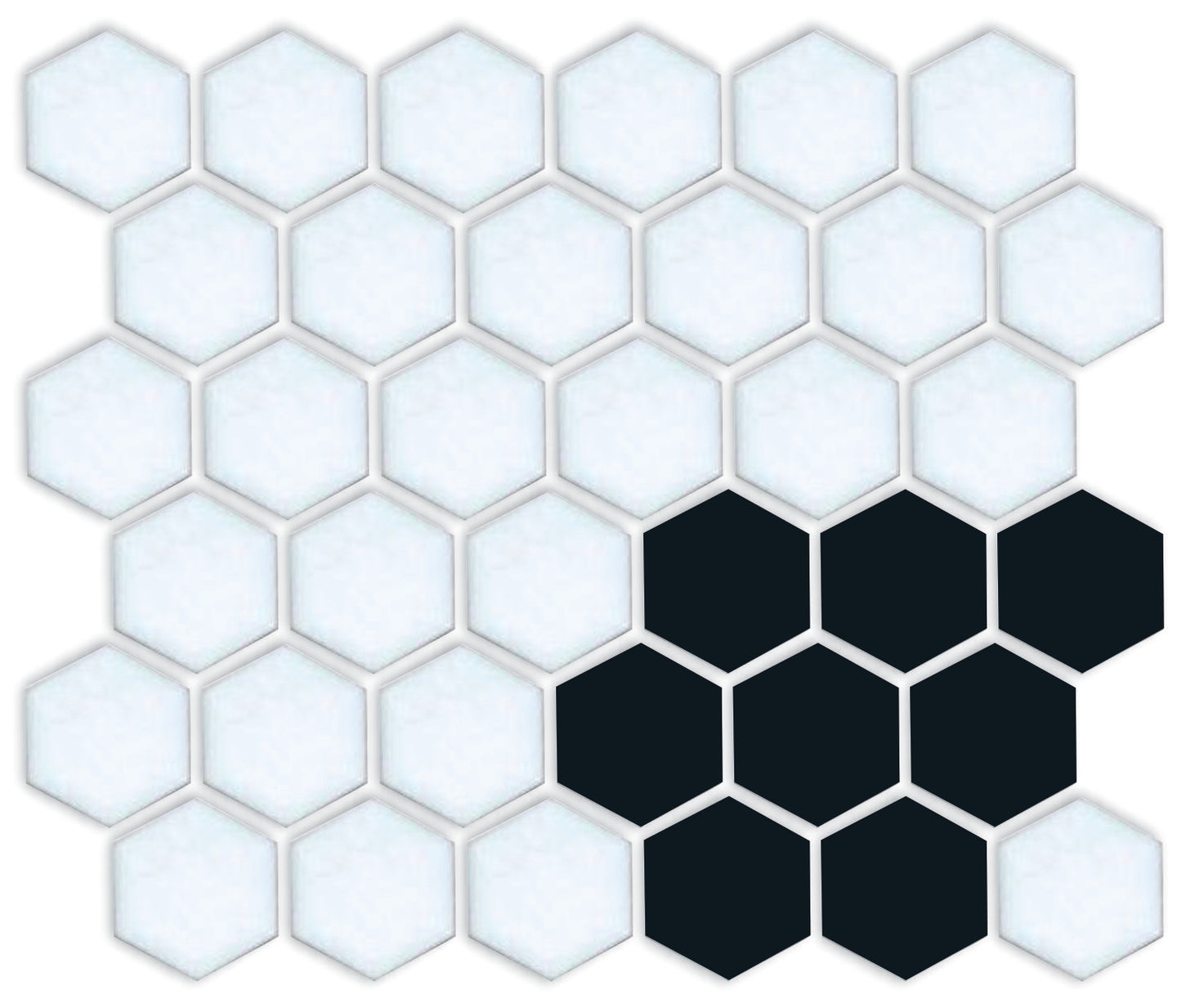 A pattern of porcelain hexagon tiles in Satin Black and Satin white arranged in a corner pattern