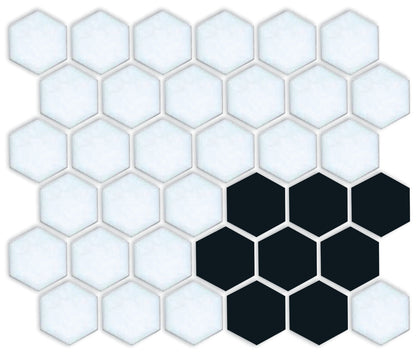 A pattern of porcelain hexagon tiles in Satin Black and Satin white arranged in a corner pattern