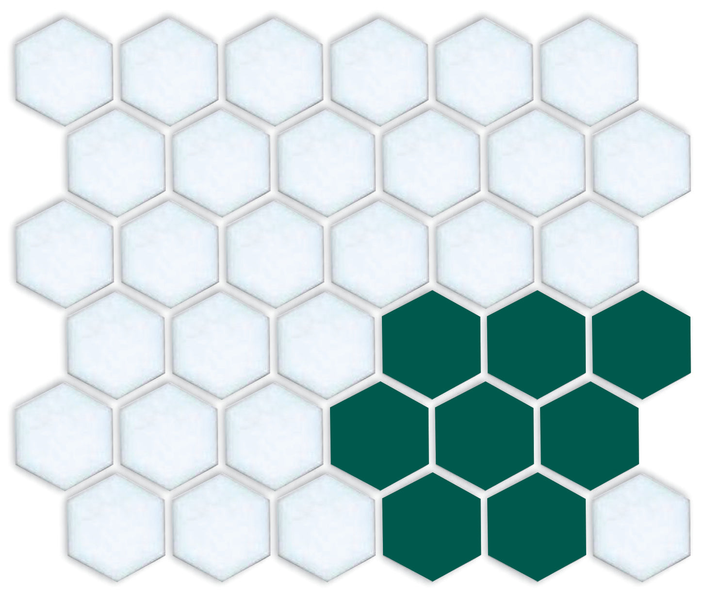 A pattern of porcelain hexagon tiles arranged in a corner pattern