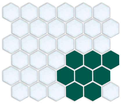A pattern of porcelain hexagon tiles arranged in a corner pattern