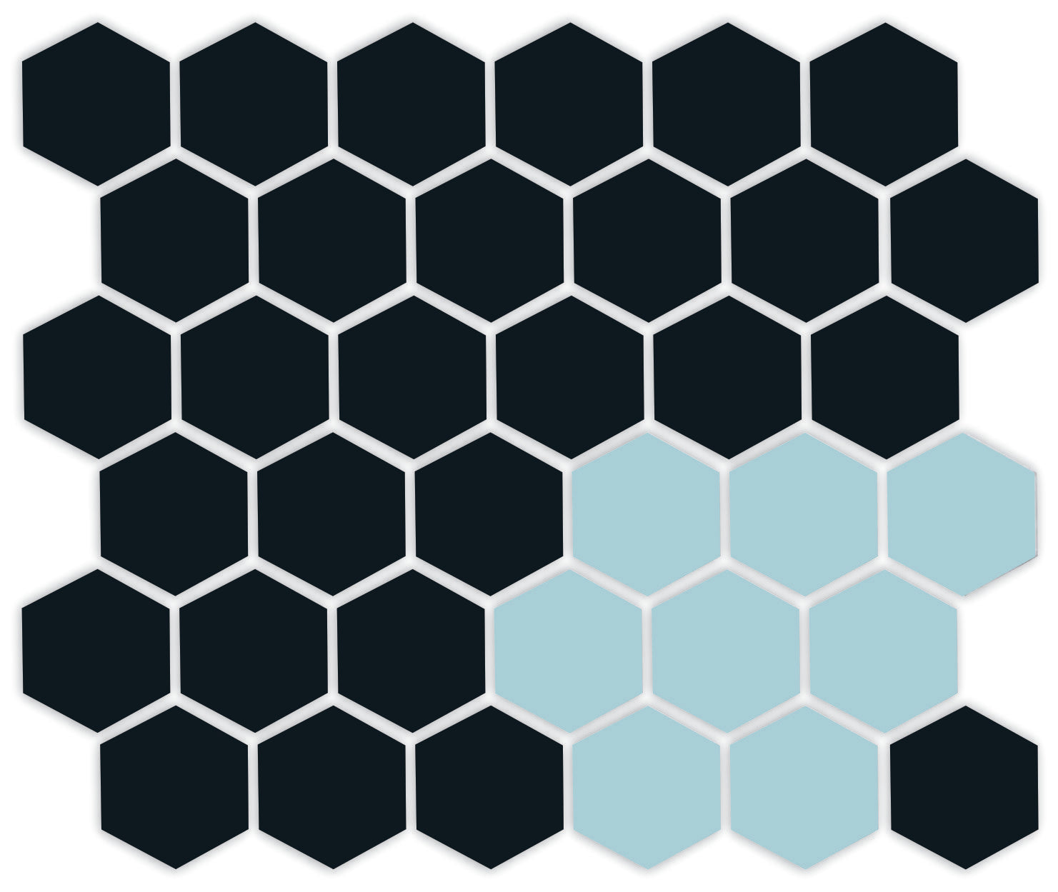 A pattern of porcelain hexagon tiles in Satin Black and glacier blue arranged in a corner pattern