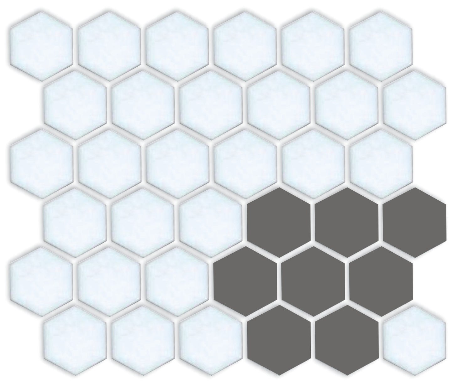 A pattern of porcelain hexagon tiles arranged in a corner pattern