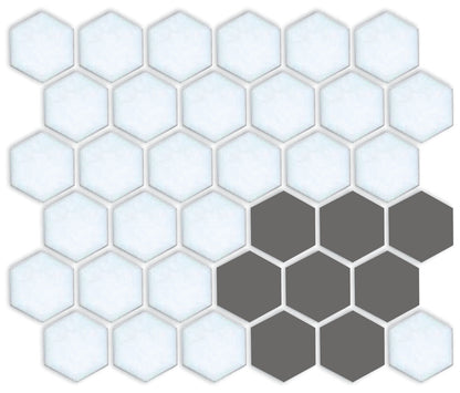 A pattern of porcelain hexagon tiles arranged in a corner pattern