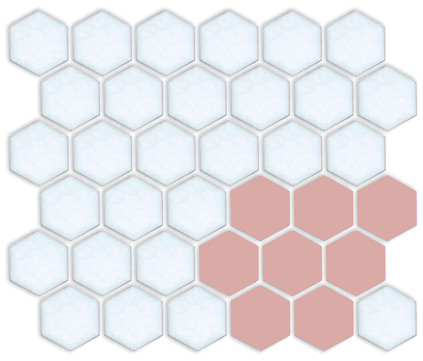 A pattern of porcelain hexagon tiles arranged in a corner pattern