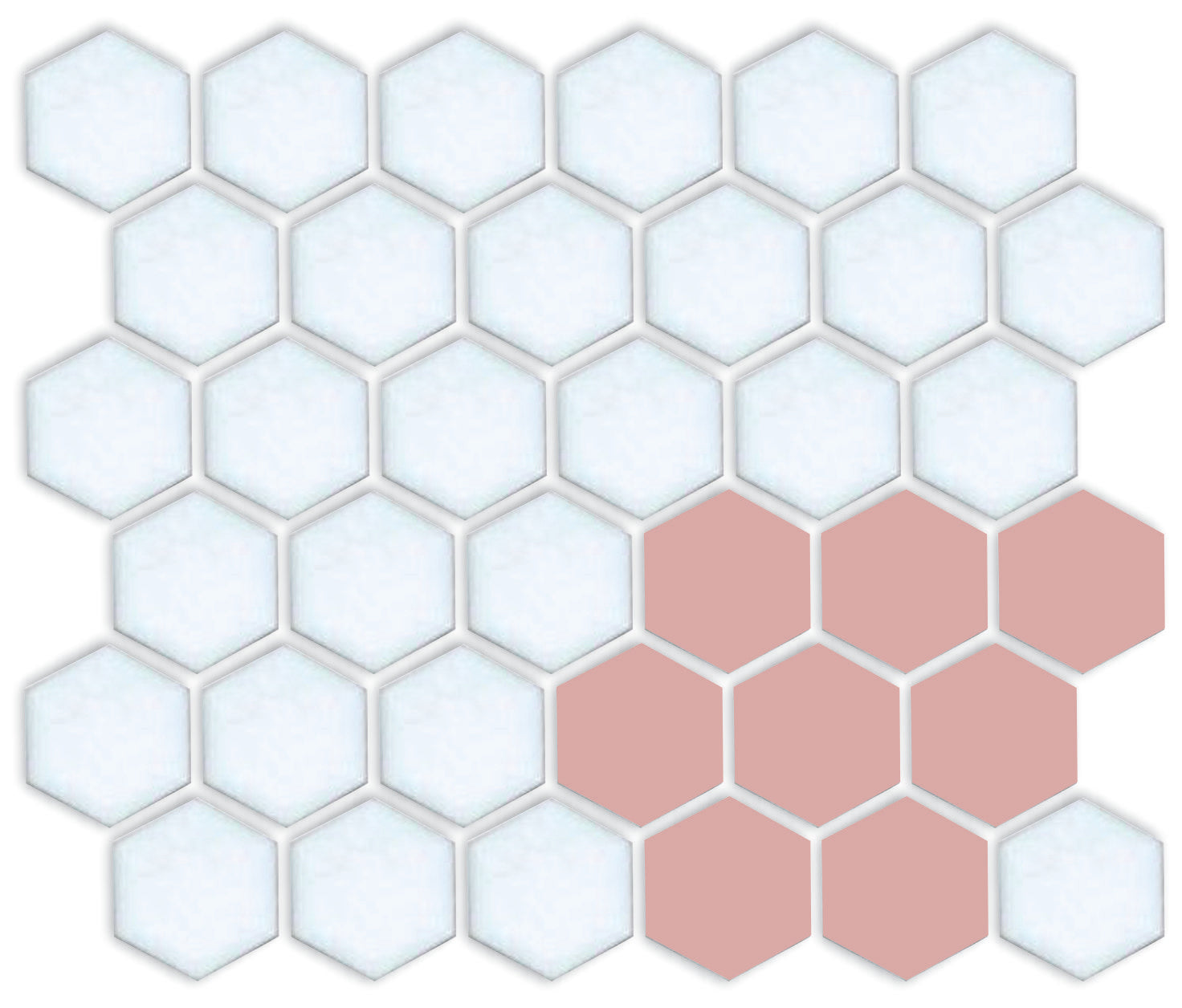 A pattern of porcelain hexagon tiles arranged in a corner pattern