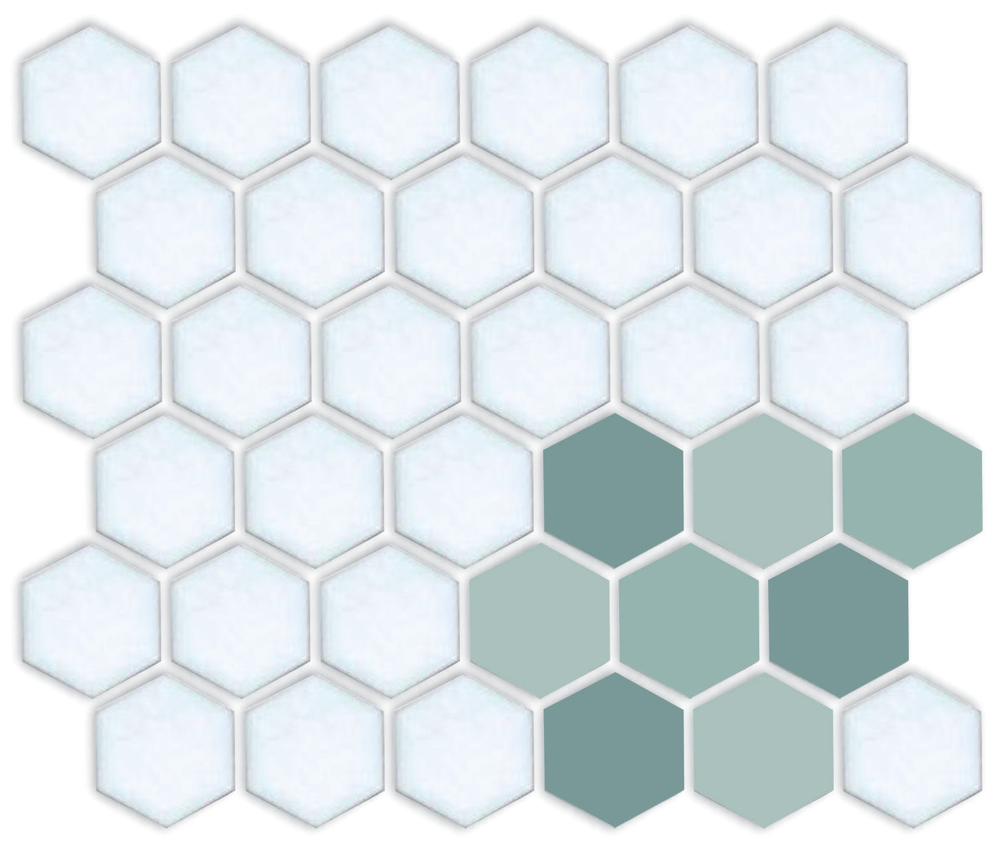 A pattern of porcelain hexagon tiles in Viridian Green and Matte white arranged in a corner pattern