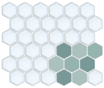 A pattern of porcelain hexagon tiles in Viridian Green and Matte white arranged in a corner pattern