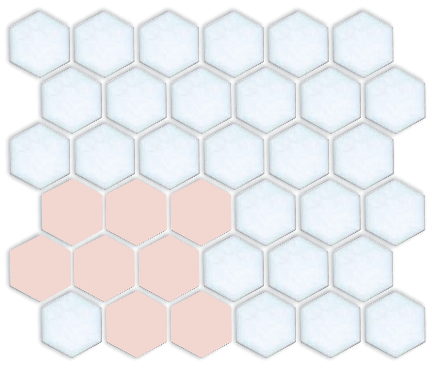 A pattern of porcelain hexagon tiles arranged in a corner pattern