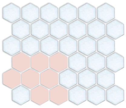 A pattern of porcelain hexagon tiles arranged in a corner pattern