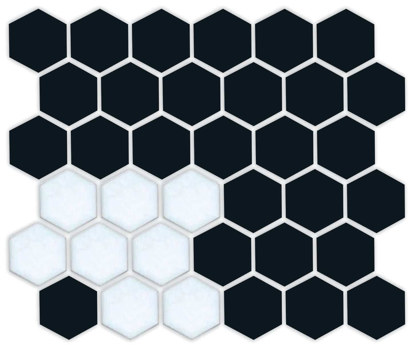 A pattern of porcelain hexagon tiles in Satin Black and Satin white arranged in a corner pattern