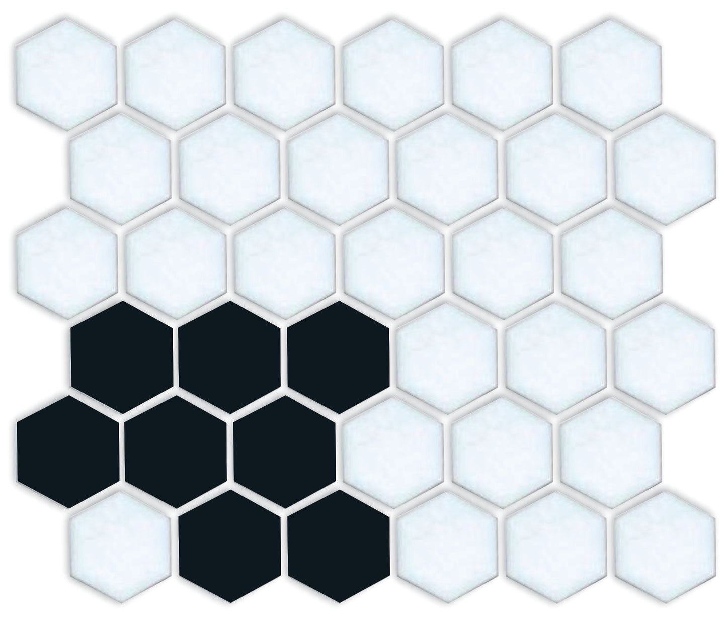 A pattern of porcelain hexagon tiles in Satin Black and Satin white arranged in a corner pattern
