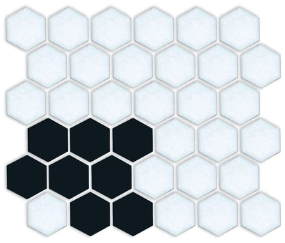 A pattern of porcelain hexagon tiles in Satin Black and Satin white arranged in a corner pattern