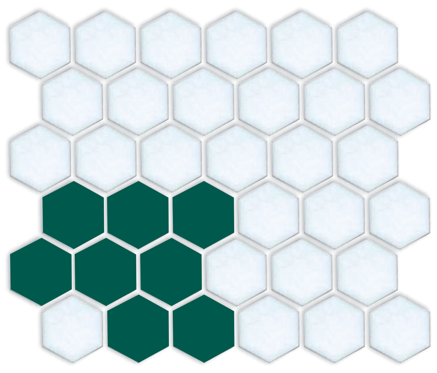 A pattern of porcelain hexagon tiles arranged in a corner pattern