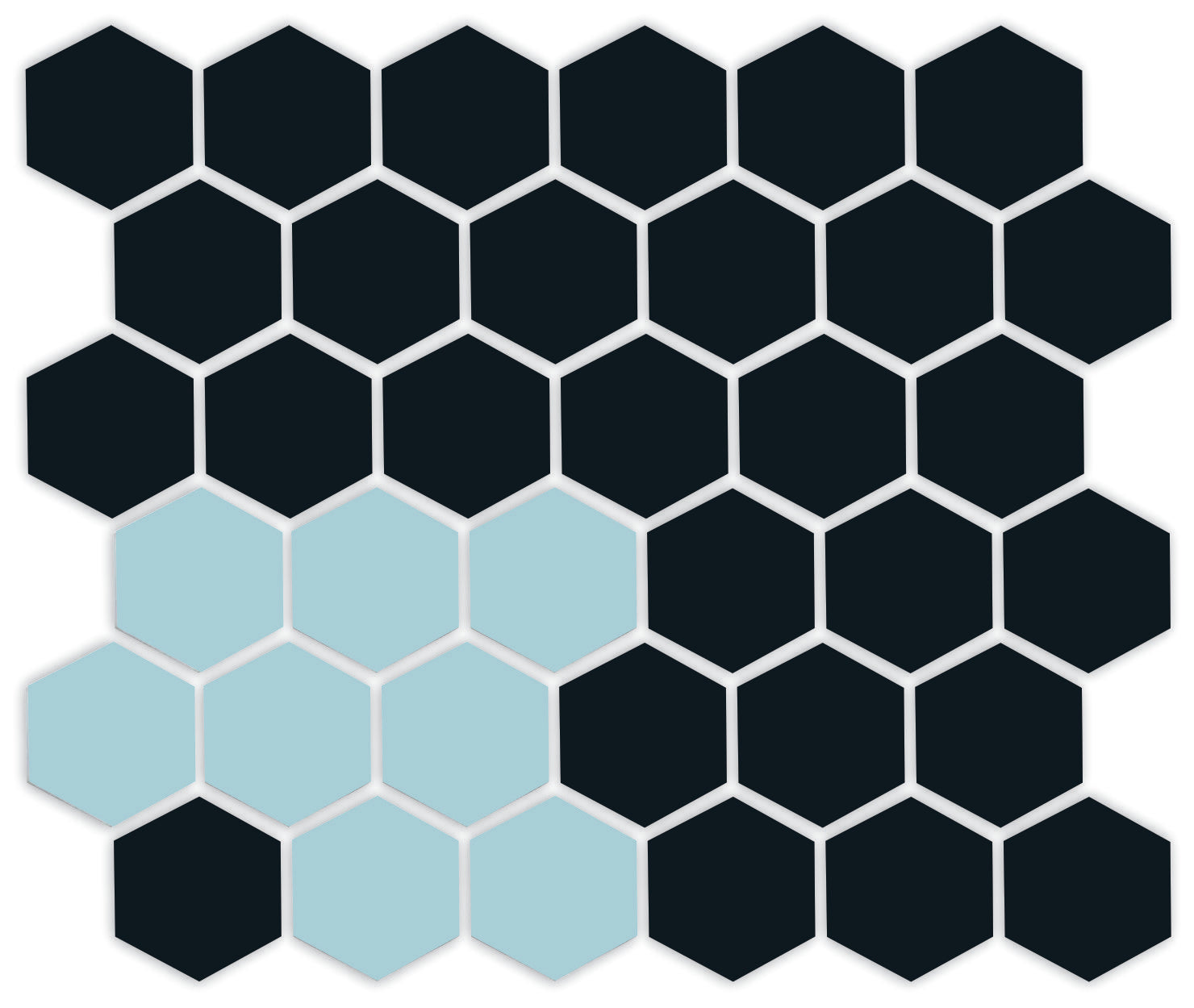 A pattern of porcelain hexagon tiles in Satin Black and Glacier blue arranged in a corner pattern