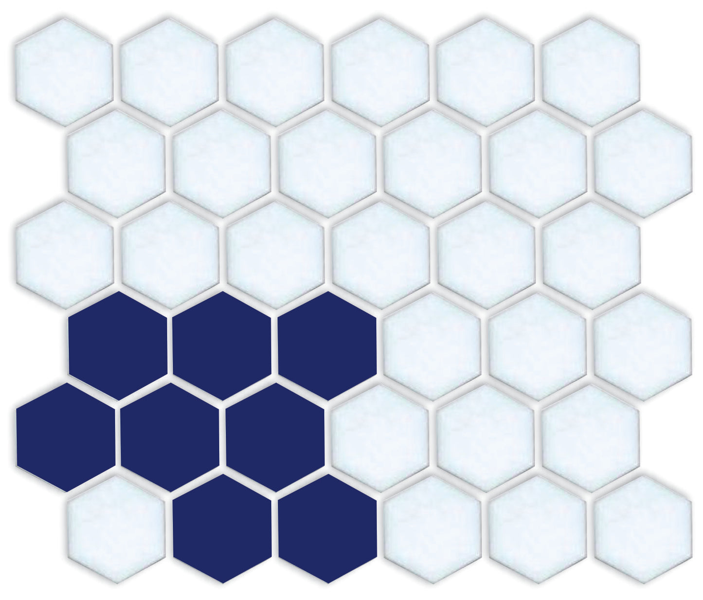 A pattern of porcelain hexagon tiles arranged in a corner pattern