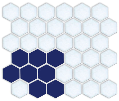 A pattern of porcelain hexagon tiles arranged in a corner pattern