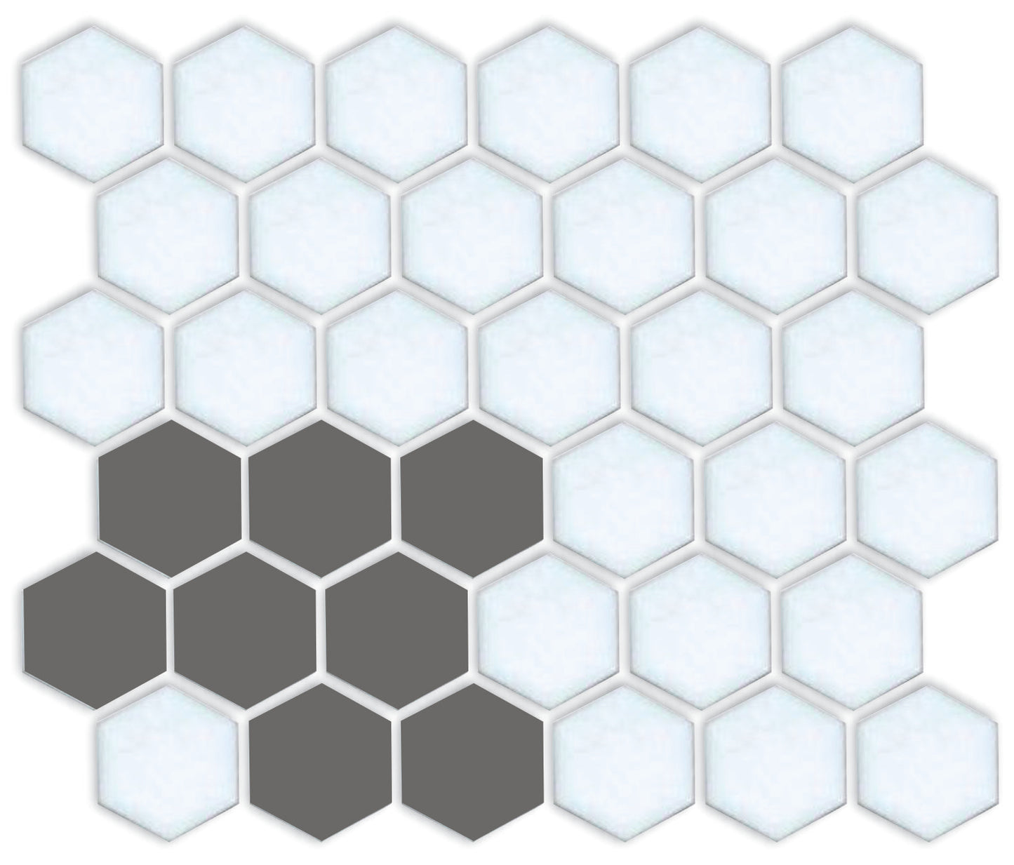 A pattern of porcelain hexagon tiles arranged in a corner pattern