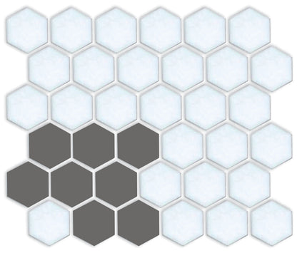 A pattern of porcelain hexagon tiles arranged in a corner pattern
