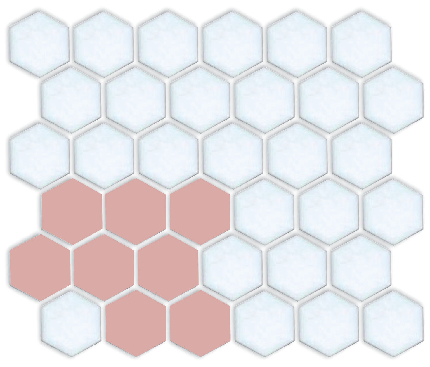 A pattern of porcelain hexagon tiles arranged in a corner pattern