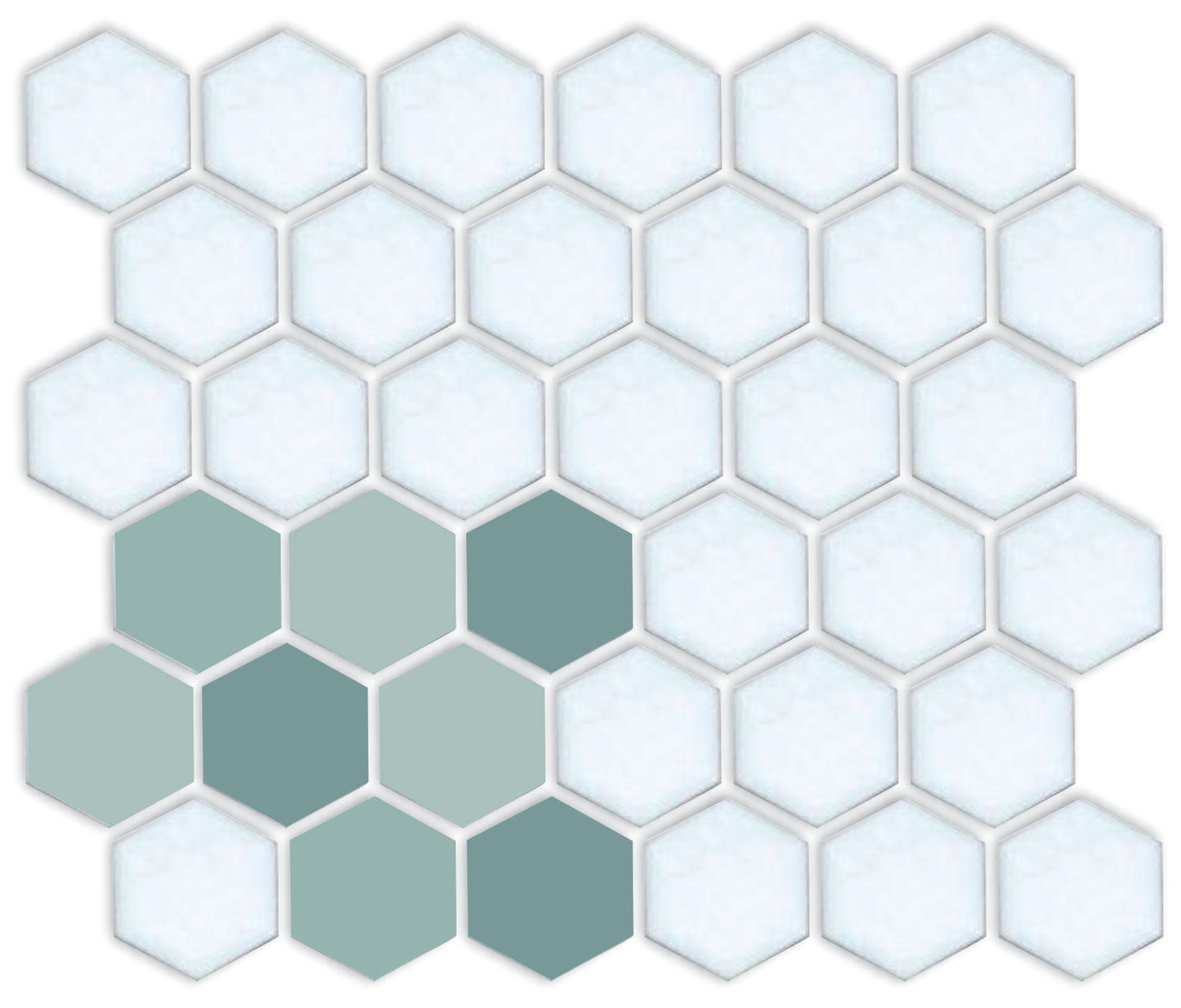 A pattern of porcelain hexagon tiles arranged in a corner pattern